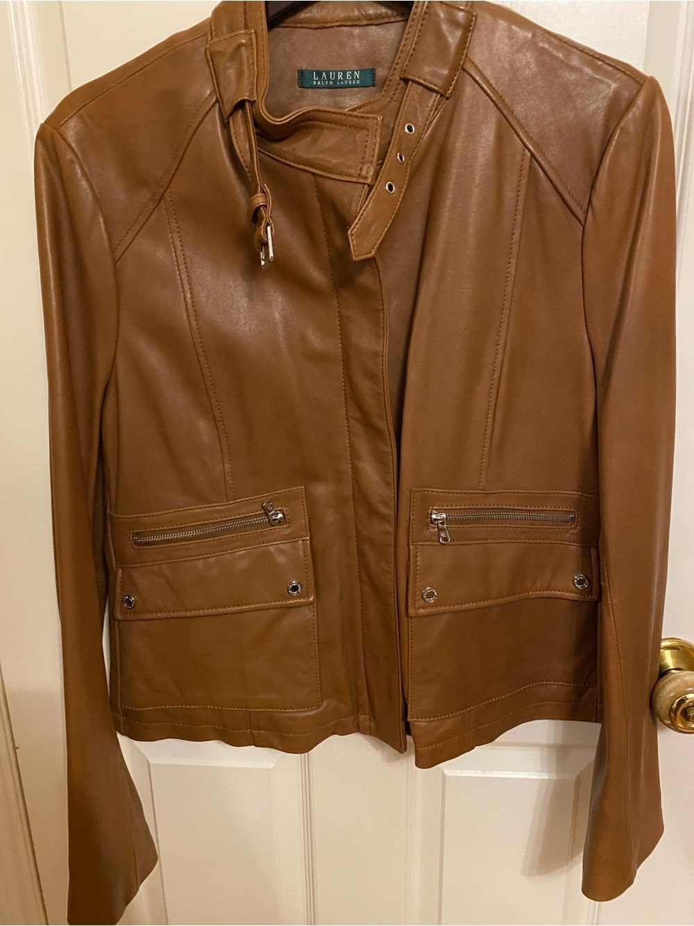 Lauren Ralph Lauren Cognac Brown Leather Jacket with Buckle Collar $399 USD